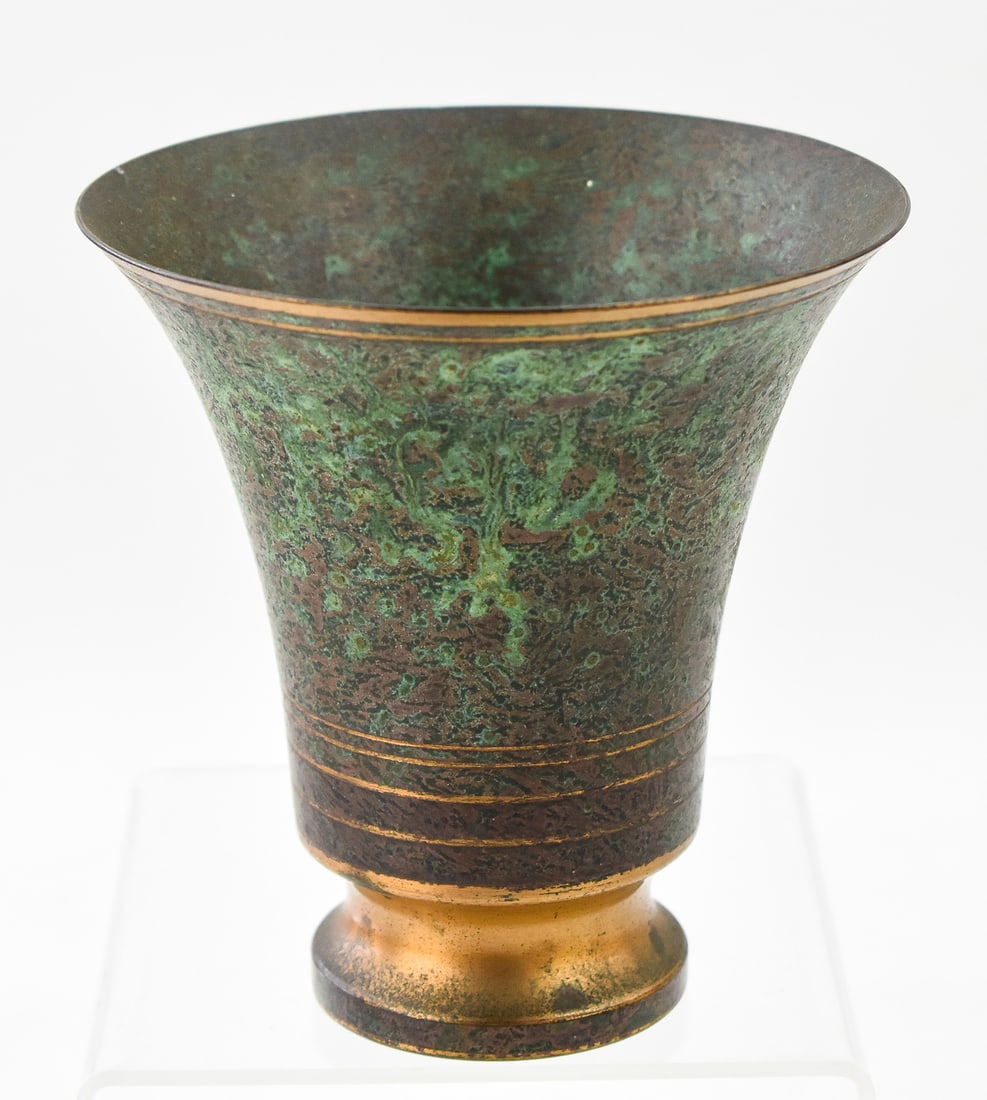 CARL SORENSEN SIGNED FLARED PATINATED BRONZE VASE: A Carl Sorensen signed flared patinated bronze vase, circa early - mid 20th century. The item measures 5.5" H, 5" W, 5" D.