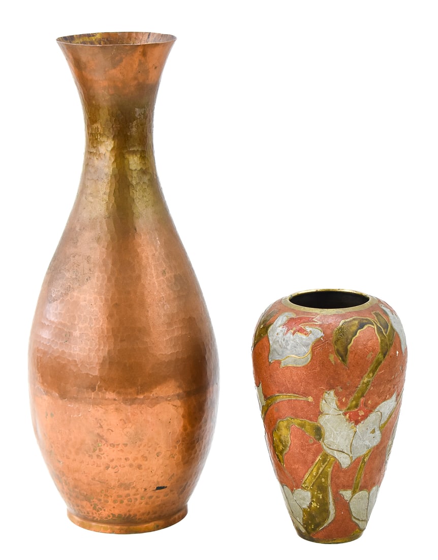 L. SCRAM AUSTRIAN HAMMERED COPPER VASE AND FLORAL-PAINTED BRASS VASE: This lot includes a L. Scram - Linz Austrian hammered copper vase signed and dated 1965, and a brass vase with a floral-painted overlay design circa 20th century. The largest item measures 14.5" H, 5"