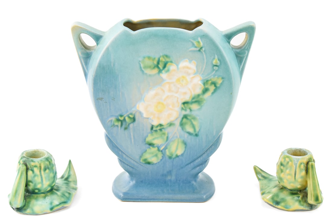ROSEVILLE POTTERY BLUE "WHITE ROSE" No. 984-8 VASE & PAIR OF "THORNAPPLE" No. 1117 CANDLESTICKS (1 of 3)