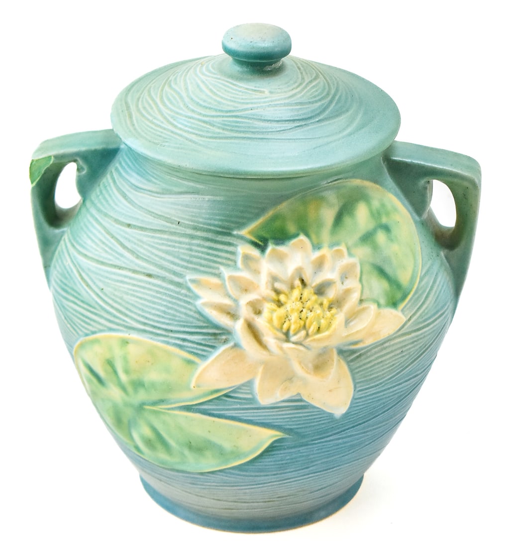 ROSEVILLE POTTERY BLUE 'WATER LILY' No. 1-8 COOKIE JAR & 'ZEPHYR LILY' No. 203-6 CORNUCOPIA VASE (1 of 2)
