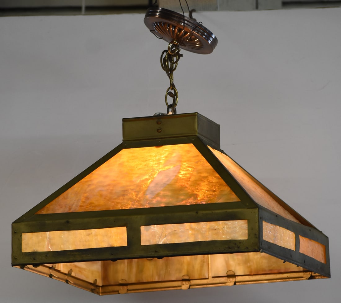 ARTS AND CRAFTS SLAG GLASS HANGING LIGHT FIXTURE (1 of 3)