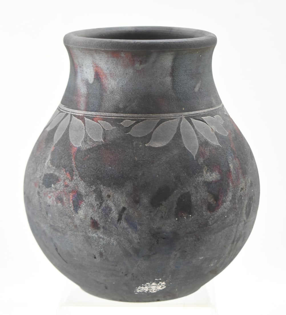 1993 ROBERT GRAYDON SIGNED RAKU POTTERY VASE: A 1993 Robert Graydon signed raku pottery vase. The item measures 10" H, 8" W, 8" D.