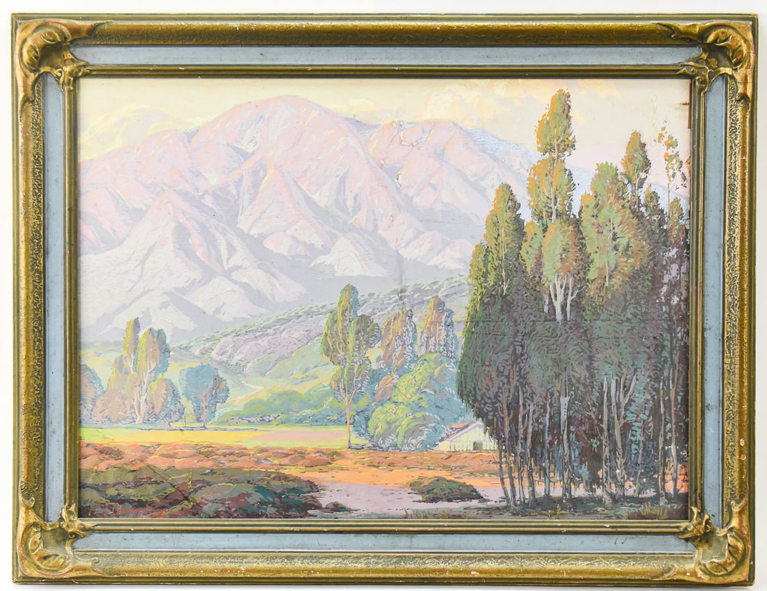 FRED GRAYSON SAYERS 'SAN GABRIEL MOUNTAINS' SERIGRAPH: Serigraph on artist board by listed artist, Fred Grayson Sayers (CA, 1879-1939), print-signed lower left. Features the San Gabriel Mountains in California. Art measures 19" H x 26" W present