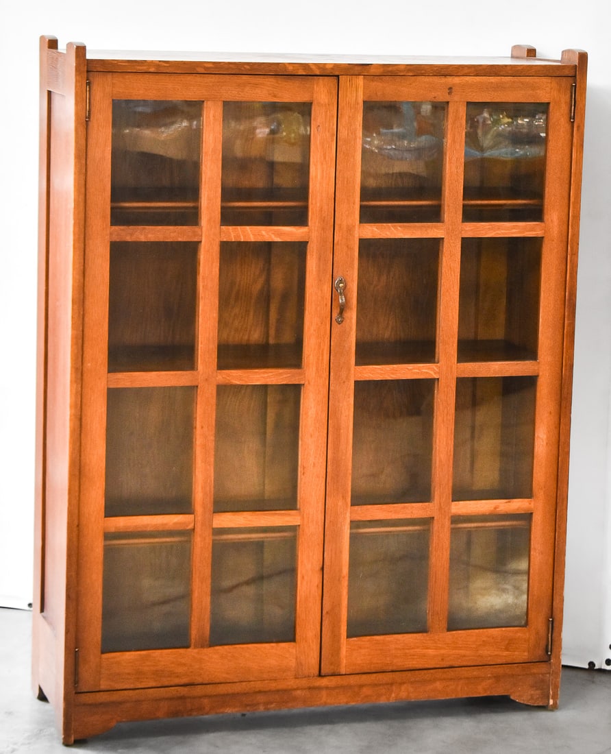 STICKLEY MISSION OAK ARTS AND CRAFTS TWO-DOOR BOOKCASE, C. EARLY 1900s (1 of 4)