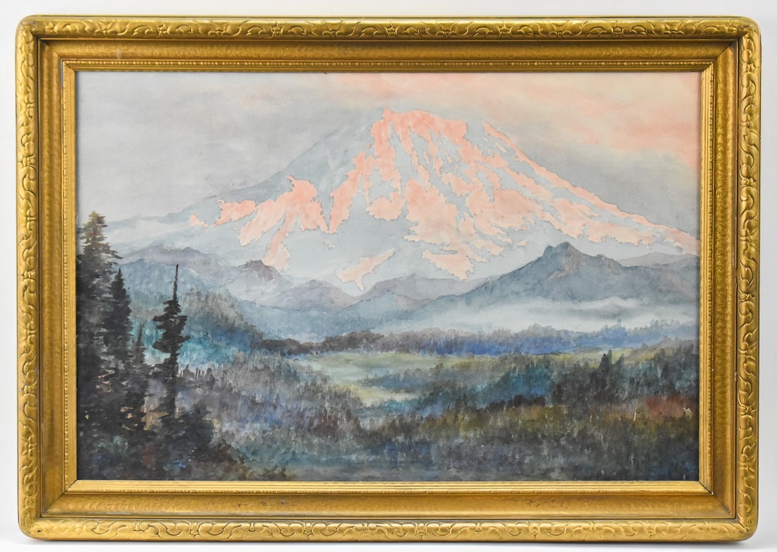 'MT. RAINIER' WATERCOLOR PAINTING: Original watercolor painting on paper featuring Washington State's Mt. Rainier. Art measures 15.5" H x 23.5" W presented in a frame measuring 52.5" H x 20.5" W x 1.5" D.