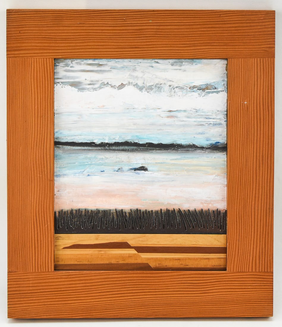 ANNIE ESKELIN "SHALLOW COVE" MIXED MEDIA ART: Original mixed media in acrylic, metal and wood on board by artist, Annie Eskelin, signed on the verso and titled "Shallow Cove" from her Fault Series. Art measures 8.5" H x 6.5" W presented in a fram