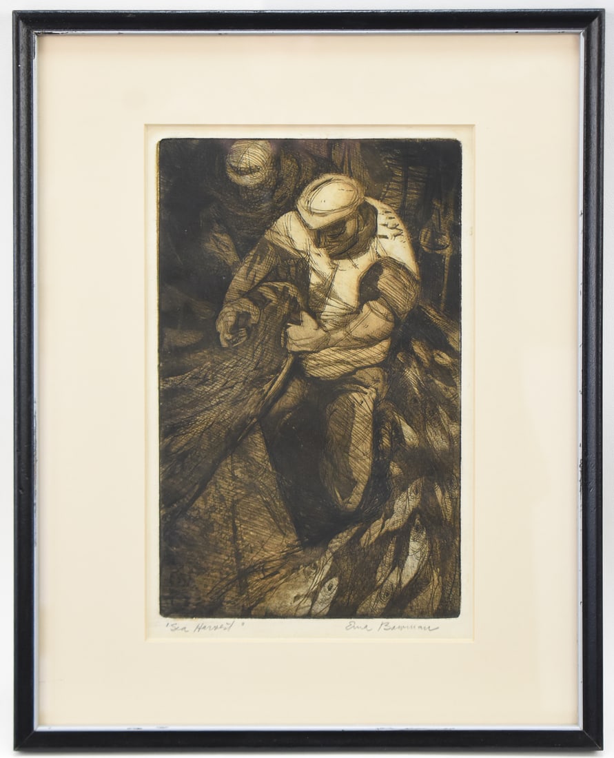 "SEA HARVEST" SIGNED ETCHING BY EMA BOWMAN: Etching on paper by artist, Ema Bowman, signed lower right and titled "Sea Harvest", lower left. Art measures 10" H x 6.5" W presented in a frame measuring 14.5" H x 11.5" W x 1" D.