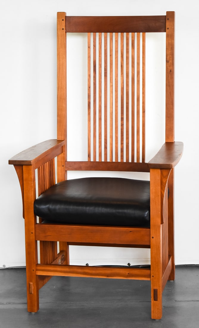 STICKLEY MISSION STYLE CHERRY WOOD HIGH-BACK ARMCHAIR (1 of 7)