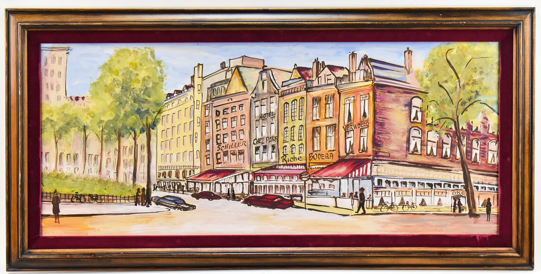 AMSTERDAM STREET SCENE GOUACHE PAINTING: Original gouache painting on paper featuring a street scene in Amsterdam's central Canal District in the Netherlands. Art measures 16.5" H x 38.5" W presented in a frame measuring 22.5" H x 44.5" W x 