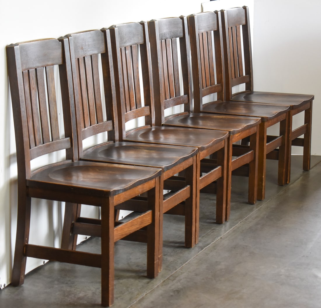 SET OF SIX MISSION STYLE OAK SLATTED DINING CHAIRS (1 of 4)