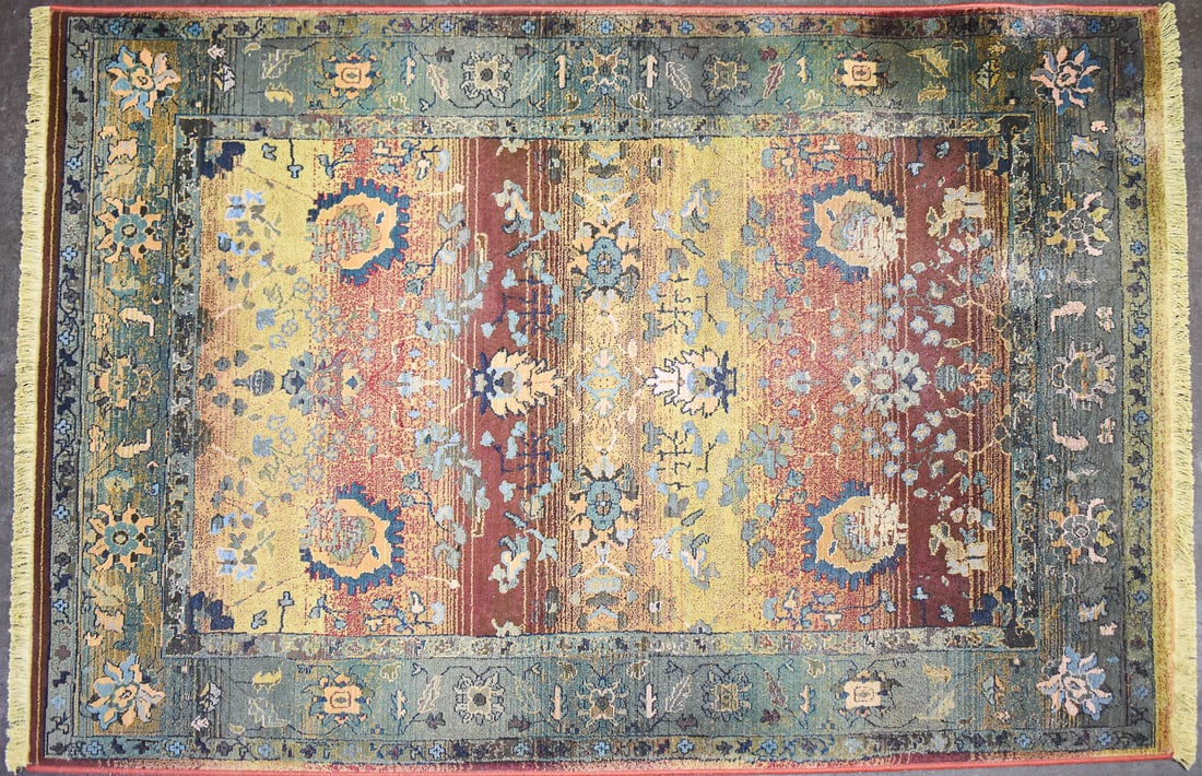 KHARMA SPHINX ORIENTAL WEAVERS RUG MADE IN EGYPT: A Kharma Sphinx by Oriental Weavers rug made in Egypt. The rug is constructed of 100% polypropylene pile. The rug features dark green and red coloring and a floral motif. The rug measures 94" H x 62"