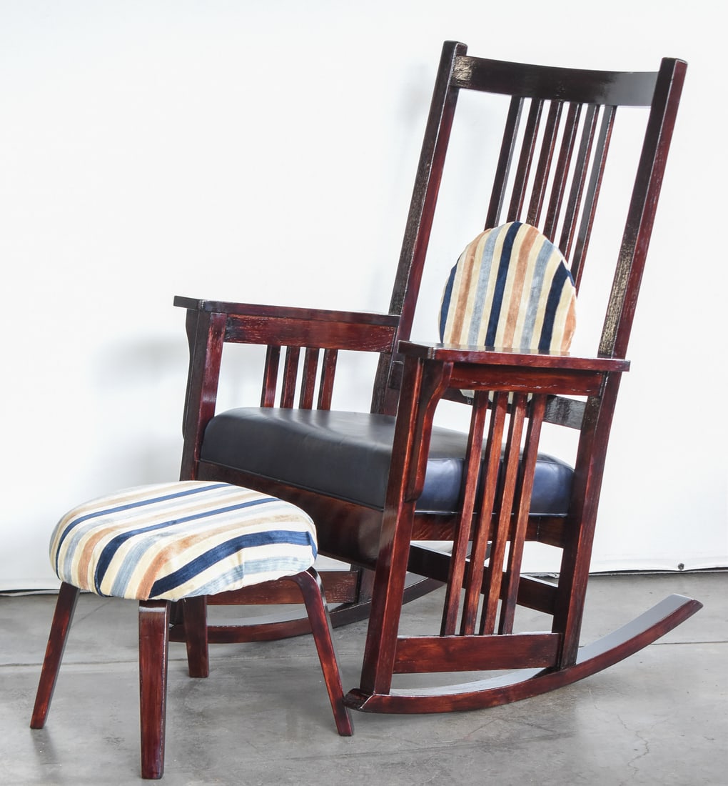 MISSION STYLE DARK WOOD ROCKING CHAIR & MATCHING OTTOMAN, C. F. KENT CO. (1 of 2)