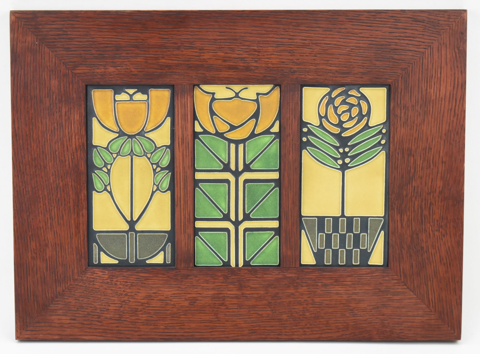 "BELLFLOWERS" FRAMED DARD HUNTER STUDIOS MOTAWI TILEWORK PIECE: A framed Dard Hunter Studios Motawi Tileworks bellflower tile. The item measures 13.5" H, 18.5" W, 1" D.