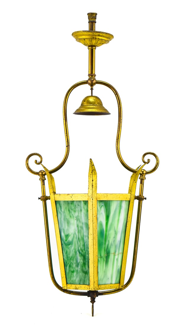 SLAG GLASS HANGING BRASS LANTERN PENDANT LIGHT FIXTURE (1 of 2)