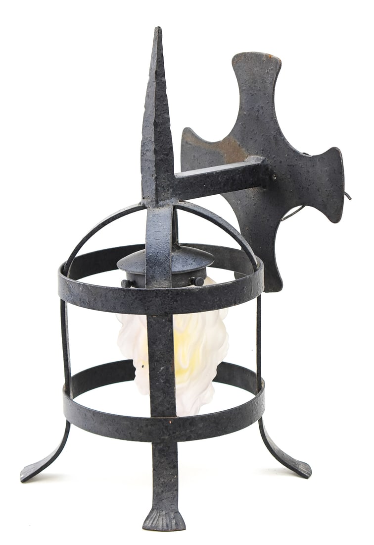 CAST IRON WALL SCONCE, FORGEKRAFT INC., MID-20TH CENTURY: A cast iron wall sconce model number C-205/021 made by ForgeKraft Incorporated of Fontana, California, circa mid-20th century. The wall sconce has a French Gothic torch design with an Art Deco frosted