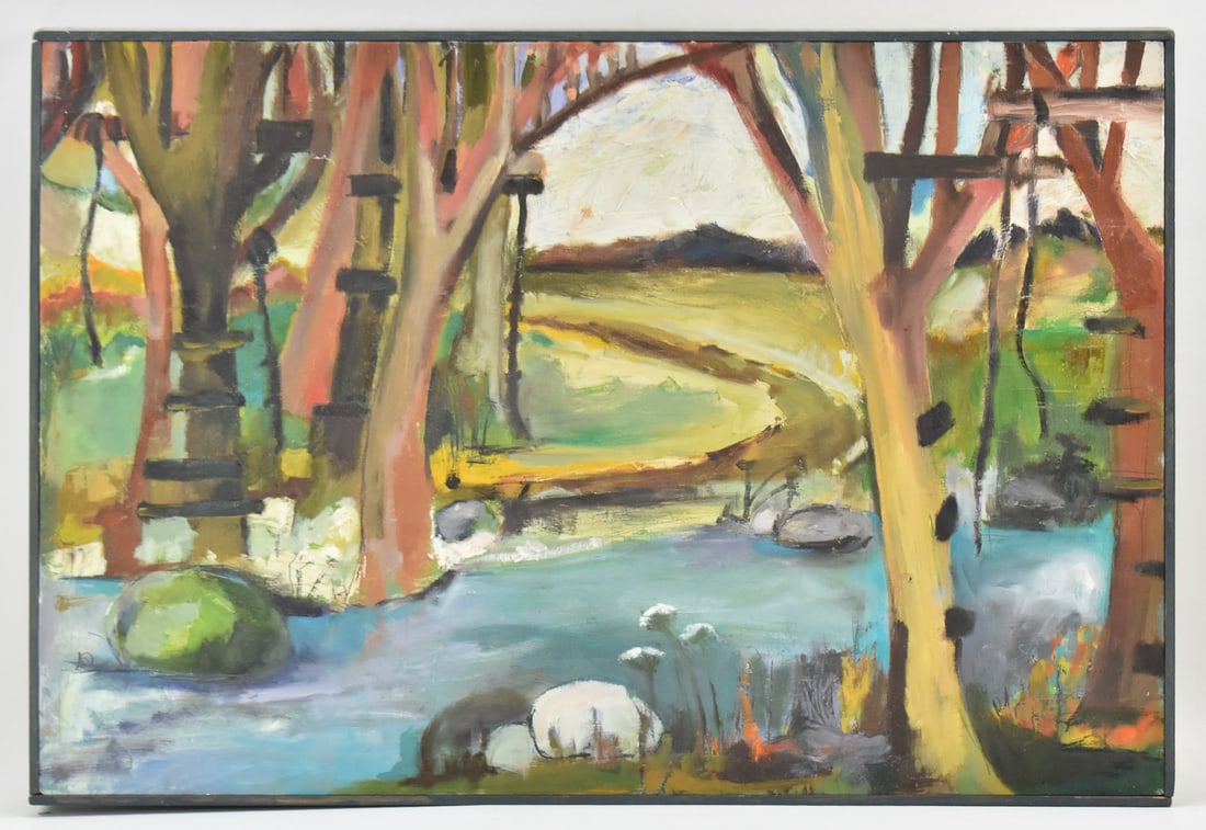 JULIE JEANSEAU 'OREGON RIVER LANDSCAPE' ACRYLIC PAINTING: Original acrylic painting on board by artist, Julie Jeanseau, signed lower right and dated 6-18-14 on the reverse. Features an Oregon river landscape with rope swings along the bank, as noted on the v