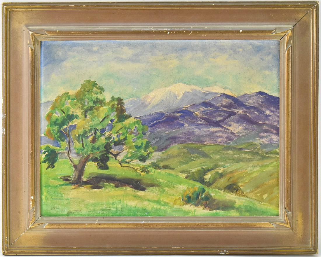 SAN DIMAS, CALIFORNIA LANDSCAPE OIL PAINTING BY DHJ: Original oil painting on board by artist, DHJ, as signed on the verso and dated 1935. Features a California mountain landscape "East of San Dimas & North of Puddingstone Dam", as noted on the vers