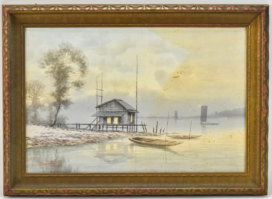 T. MASAMITSU 'RIVER BOAT SCENE' WATERCOLOR PAINTING: Original watercolor painting on paper by listed artist, T. Masamitsu (Japan, 19th/20th Century), signed lower left. Features a river scene with boats and a cabin over the water. Art measures 12.5" H x