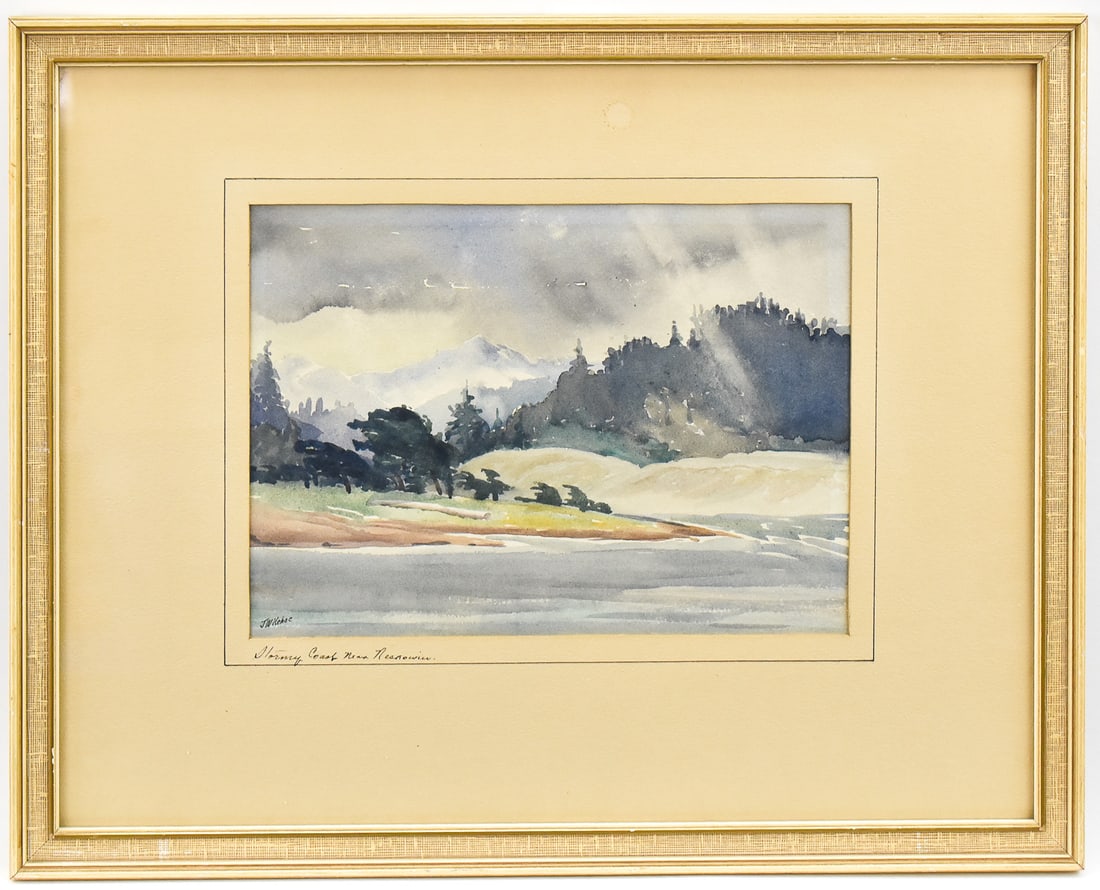JOSEPH KEHOE "STORMY COAST NEAR NESKOWIN" WATERCOLOR PAINTING: Original watercolor painting on paper by listed Oregon artist, Joseph Kehoe (OR, AK, 1890-1959), signed and titled "Stormy Coast Near Neskowin", lower left. Art measures 9" H x 12" W presented in a fr