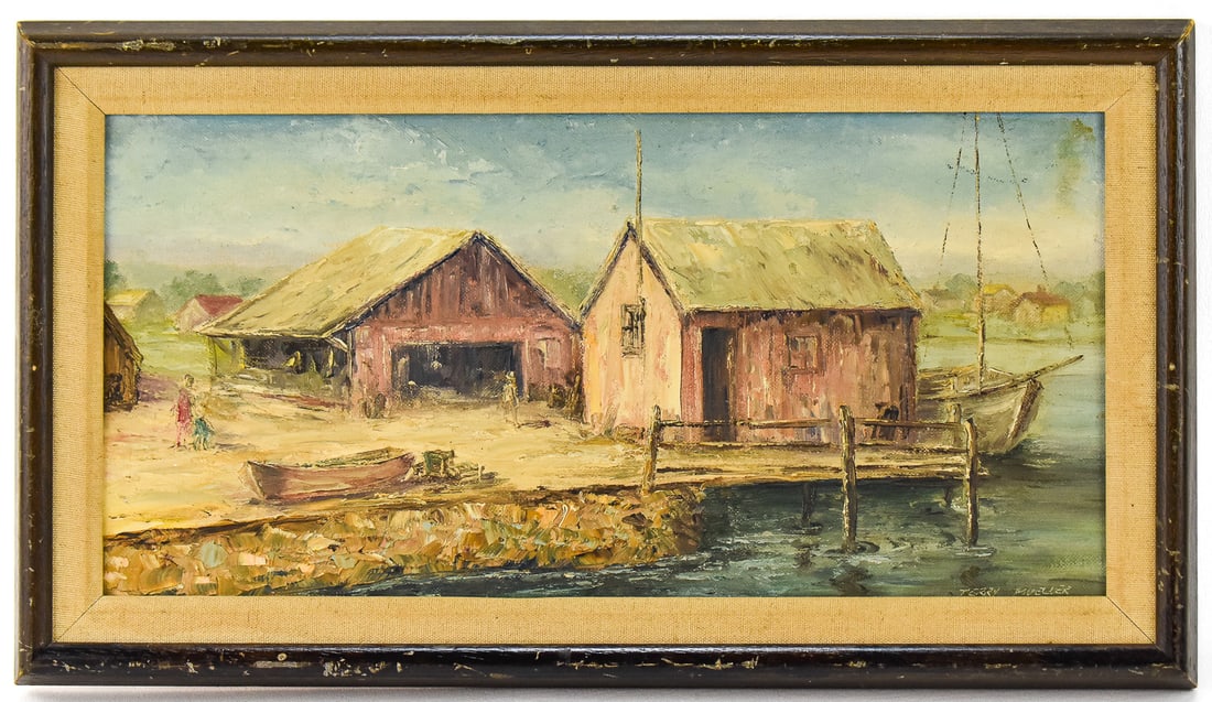 TERRY MEULLER BOAT HARBOR OIL PAINTING: Original oil painting on canvas by artist, Terry Meuller, sighed lower right. Features a boat harbor with rustic buildings. Art measures 8" H x 15.5" W mounted in a frame measuring 10.5" H x 18" W.