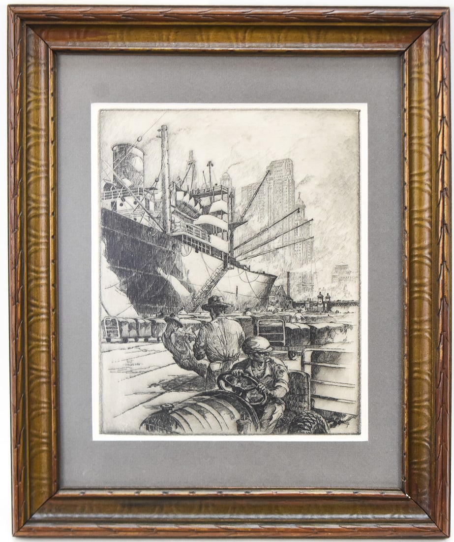 KENT HAGERMAN 'WHARFSIDE-CHICAGO' ETCHING: Etching "Wharfside-Chicago" on paper by listed artist, Kent Hagerman (OH, CO, 1893-1978), signed in etching on the left. Art measures 10.5" H x 8.5" W presented in a frame measuring 17" H x 13.5" W x 