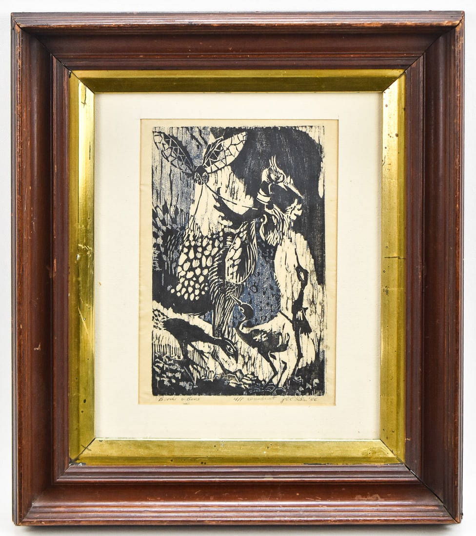 J. E. OLDS "BIRDS & BEES" SIGNED LIMITED EDITION WOODCUT PRINT: Limited edition woodcut print by artist, J.E. Molds, signed lower right and dated 1956. Numbered edition 4/7. Titled "Birds & Bees", lower left. The print in the frame measures 17" H x 15" W x 2" D.