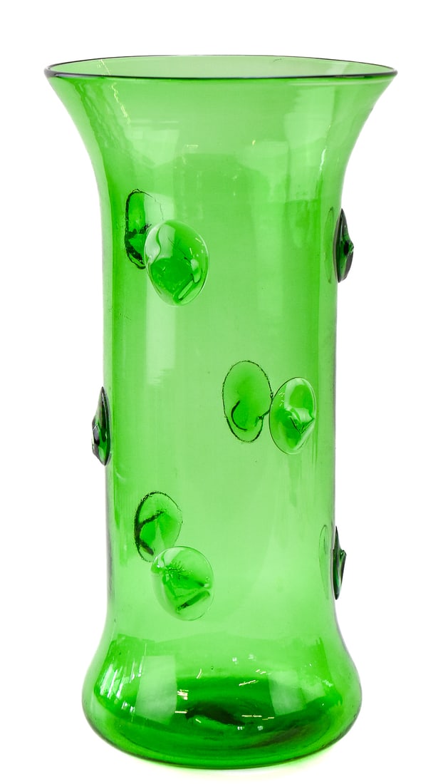 MID-CENTURY HAND-BLOWN EMPOLI GLASS GREEN FLOOR VASE: An Italian Mid-century hand-blown Empoli Glass green floor vase with large "blobs", circa 1960s. The item measures 18.5" H x 9.5" W x 9.5" D.
