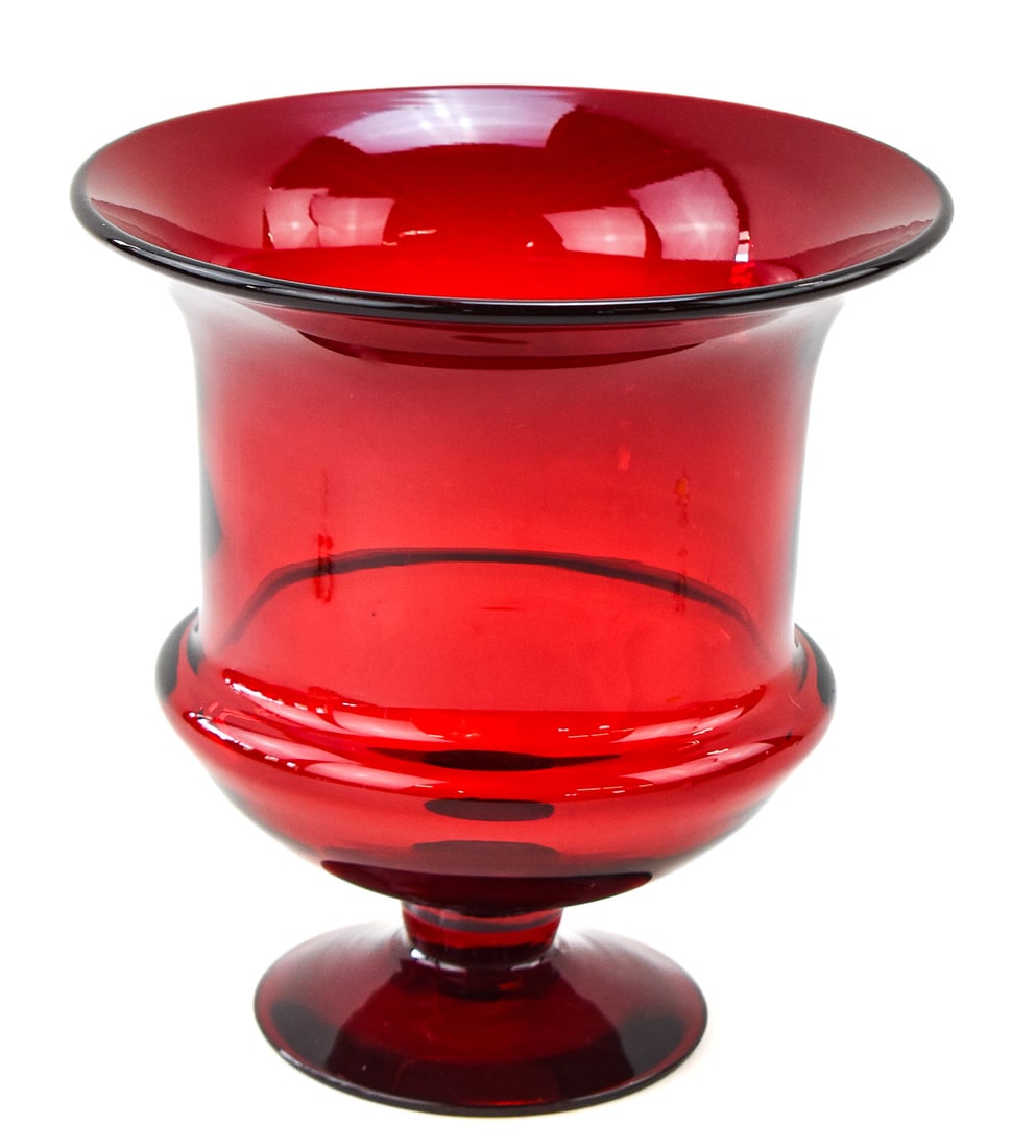 MID-CENTURY BLENKO GLASS RUBY RED PEDESTAL URN VASE: A Mid-century pre-designer Blenko Glass ruby red pedestal urn vase No. 428L, circa late 1940s. The item measures 9.5" H x 9" W x 9" D.