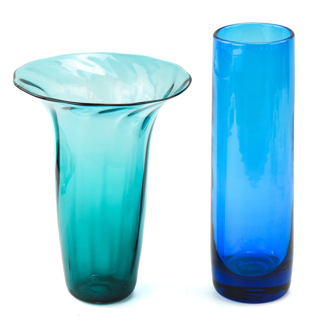 PAIR OF MID-CENTURY BLENKO HAND-BLOWN ART GLASS VASES: A pair of Mid-century Blenko hand-blown art glass vases in aqua and sea green. The tallest vase measures 12.5" H x 3.5" W x 3.5" D.
