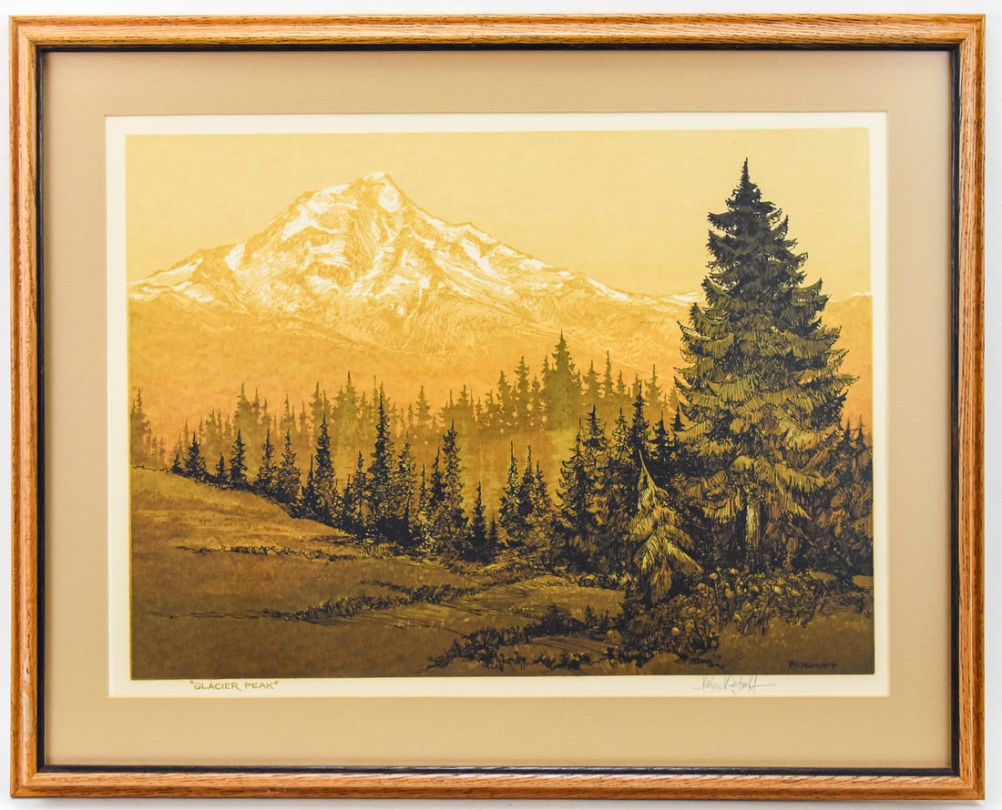 ROGER BERGHOFF "GLACIER PEAK" SIGNED SERIGRAPH: Serigraph on paper by Northwest artist, Roger Berghoff (WA, 20th C.), signed lower right and titled "Glacier Peak", lower left. Art measures 16.5" H x 22" W presented in a frame measuring 22.5" H x 28
