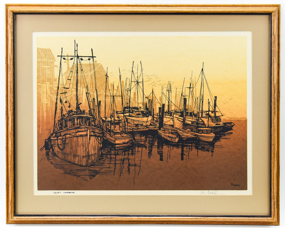 ROGER BERGHOFF "QUIET HARBOR" SIGNED SERIGRAPH: Serigraph on paper by Northwest artist, Roger Berghoff (WA, 20th C.), signed lower right and titled "Quiet Harbor", lower left. Art measures 16.5" H x 22" W presented in a frame measuring 22.5" H x 28