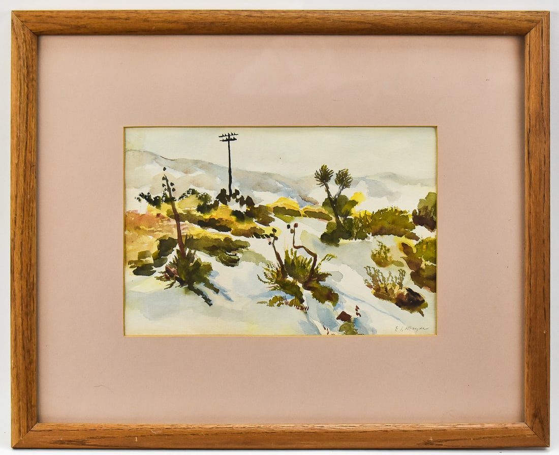 EMMA LOU MEYER WATERCOLOR LANDSCAPE: Original watercolor landscape painting on paper by artist, Emma Lou Meyer (CA, 20th C.), signed lower right. Art measures to 8.5" H x 12" W presented in a frame measuring 18" H x