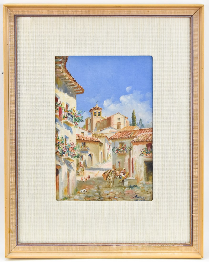 CARLOTA ROSALES MARTINEZ DE LA PEDROSA "GRENADA" OIL PAINTING: Original oil painting on board by listed artist, Carlota Rosales Martinez de la Pedrosa (Spain, 1872-1958), signed lower right and titled "Grendada". Art measures 11" H x 7.5" W presented in a frame
