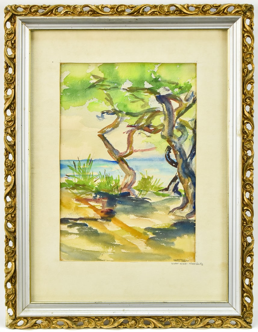 BETTY ALLEN "WEST WIND-THREE ROCKS" WATERCOLOR: Original watercolor painting on paper by artist, Betty Allen, signed lower right and titled "West Wind-Three Rocks". Art measures 11" H x 7.5" W presented in a frame measuring 17.5" H x 13.5" W x 1"
