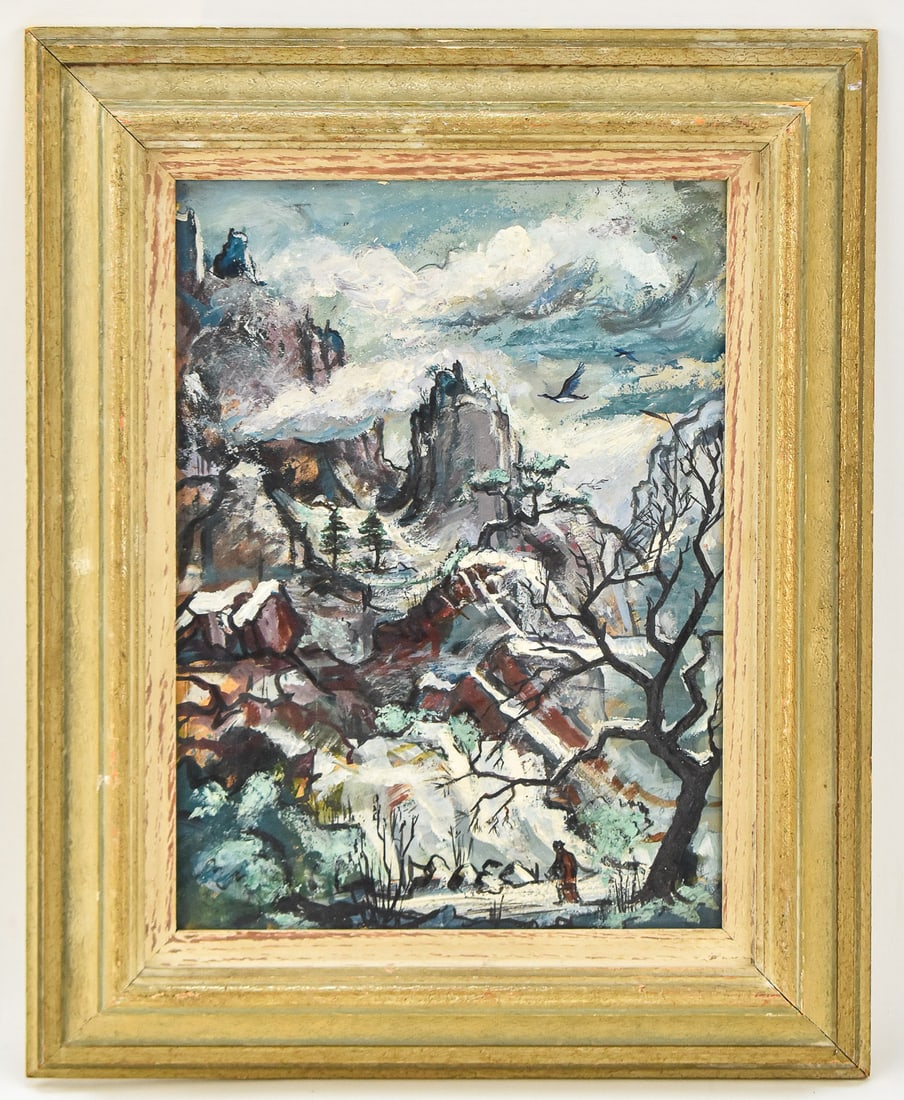 HARRY TEPKER 'COLORADO MOUNTAIN SCENE' OIL PAINTING: Original mountainscape oil painting on board by listed artist, Harry Frederick Tepker (NC, 1923 - 1998), as noted on the verso, Colorado Springs, 1941. Art measures 15.5" H x 11.5" W presented in a
