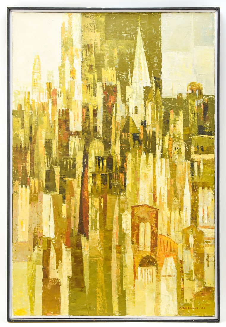 CYRUS RUNNING 'STRANGE CITY #2' OIL PAINTING: Original oil painting on canvas by listed artist, Cyrus Maynard Running (SD, 1913-1976), signed lower right, dated 1963 and titled "Strange City #2" on the verso. Art measures 35" H x