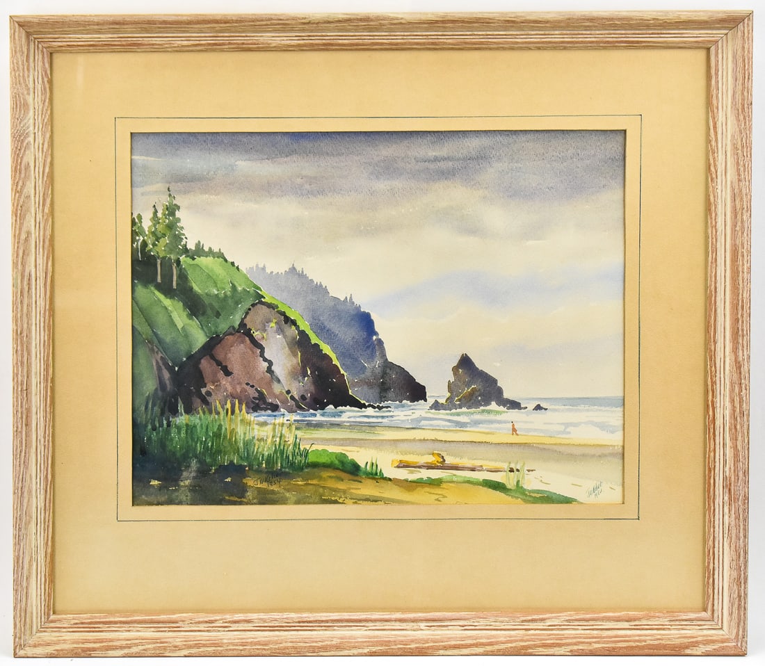JOSEPH KEHOE COASTAL OREGON WATERCOLOR PAINTING: Original Oregon coast watercolor painting on paper by listed Oregon artist, Joseph Kehoe (1890-1959), signed lower right and dated 1954. Art measures 13" H x 16.5" W presented in a frame