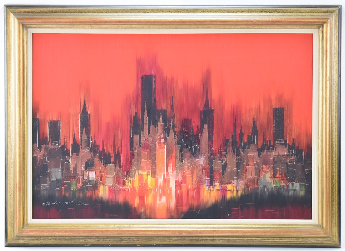 'SKYLINE IN RED AND GOLD' OIL PAINTING BY HEINZ MUNNICH: Original oil painting "Skyline in Red and Gold" on canvas by listed aritst, Heinz Munnich (Germany, 1921-1978), signed lower left and dated 1970. Art measures 24" H x 36" W presented in a frame