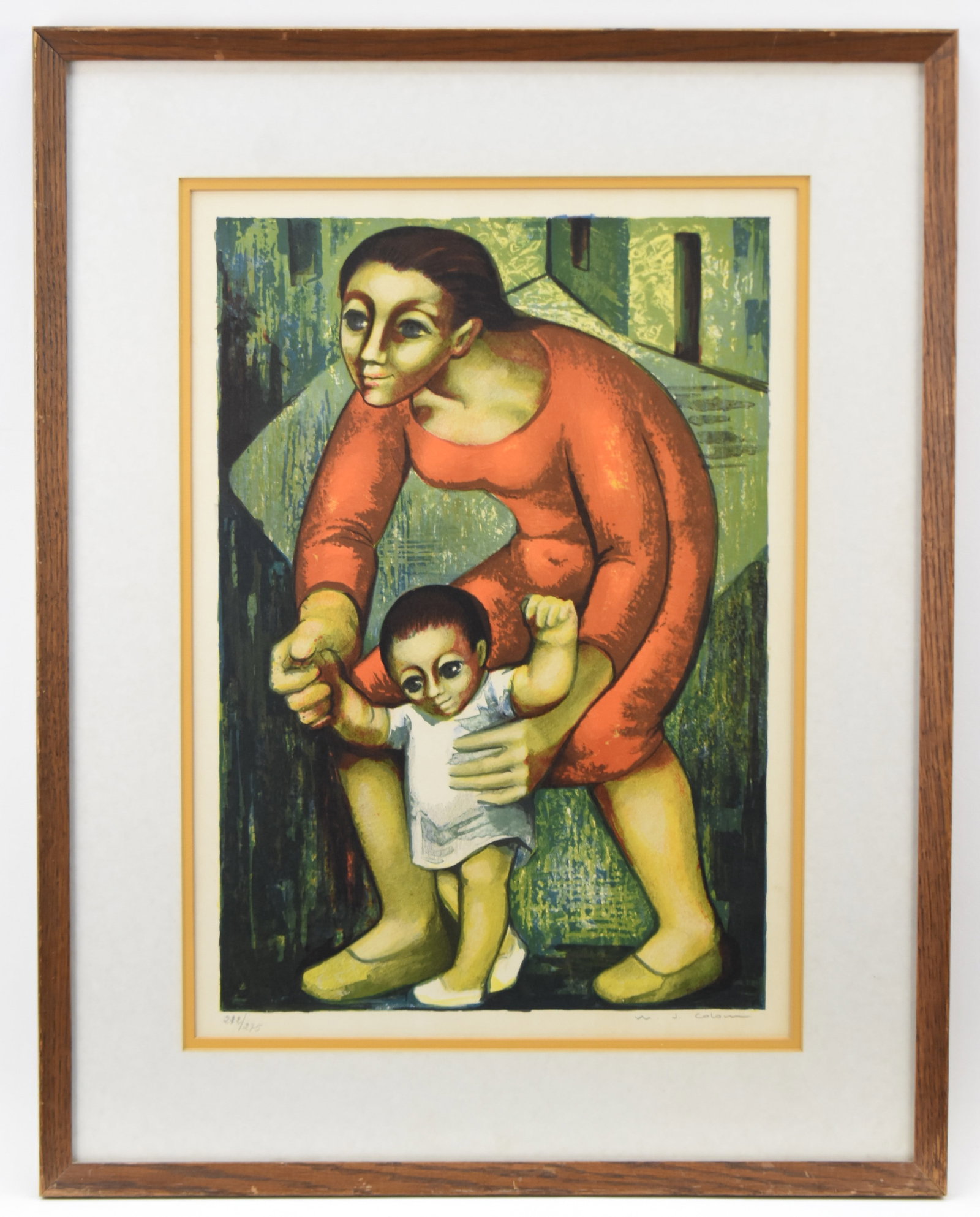 MJ COLOM 'LEARNING TO WALK' SIGNED LINOCUT PRINT: Limited edition linocut print by listed artist, Maria Josefa Colom (b. 1924), signed lower right, numbered 212/275, lower left, titled "Learning to Walk" on the verso. Art measures 19.25" H x 13.75"