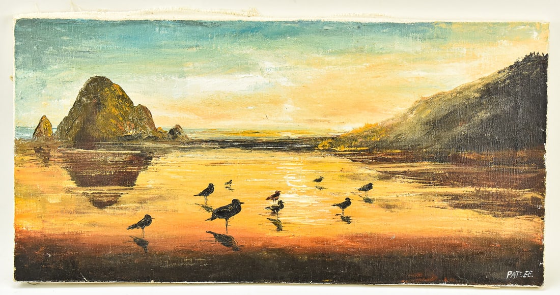PATSEE PARKER 'SUNSET BEACH SCENE' OIL PAINTING: Original sunset beach scene oil painting on canvas by listed Oregon artist, Patsee Parker (20th Century), signed lower right. Art measures 12" H x 24" W x 2" D.