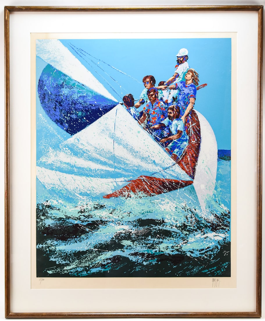 MARK KING 'SAILING' SIGNED SERIGRAPH: Limited edition serigraph "Sailing" on paper by listed artist Mark King (Bombay, 1931-2014), signed lower right and numbered 68/300. Art measures 36" H x 28.5" W presented in a