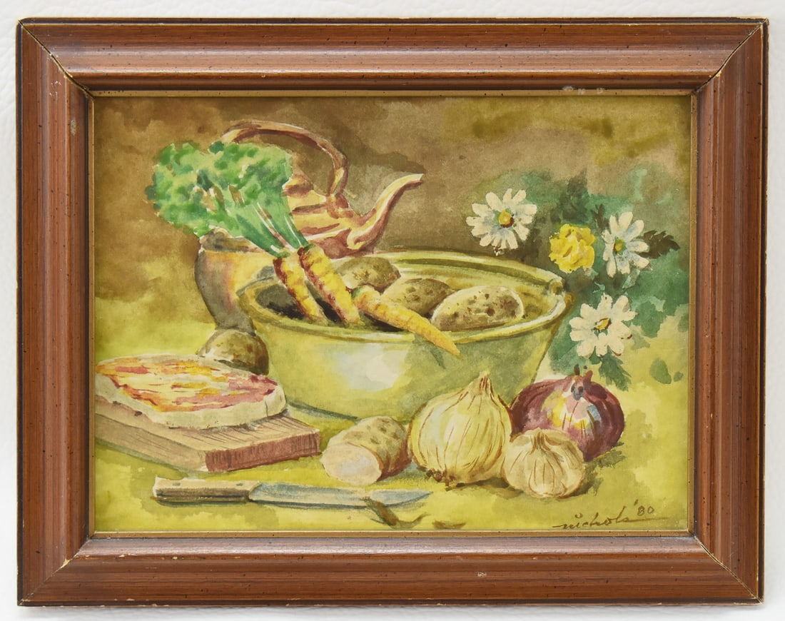 STILL LIFE WATERCOLOR PAINTING BY NICHOLS: Original still life watercolor painting on paper by artist, Nichols, signed lower right and dated '80. Art measures 6" H x 8" W presented in a frame measuring 8" H x 10" W x 1" D.