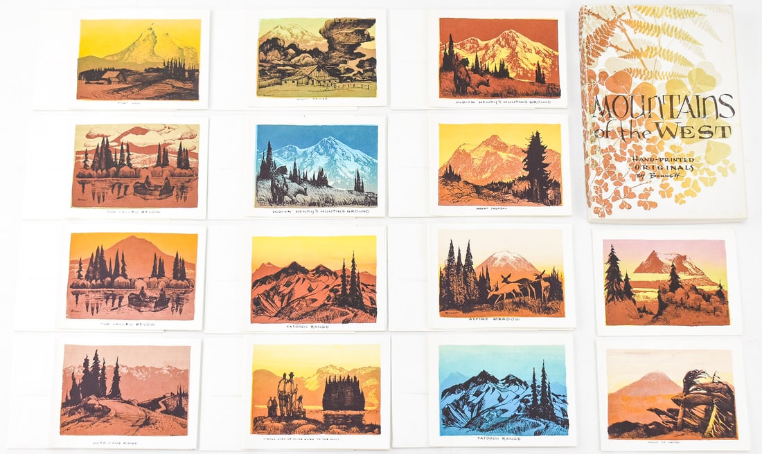 ELTON BENNETT 'MOUNTAINS OF THE WEST' HAND-PRINTED ORIGINAL CARDS: A boxed collection of 14 "Mountains of the West" hand-printed original serigraph cards by listed artist Elton Bennett (1910-1974) of Washington. The box also includes envelopes for each of