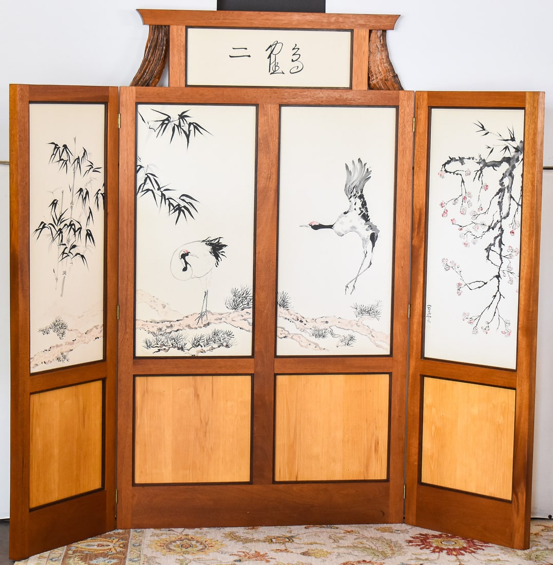ANDREW GLANTZ DESIGNED JAPANESE SIGNED ROOM SCREEN 'TWO CRANE BIRDS' (1 of 4)