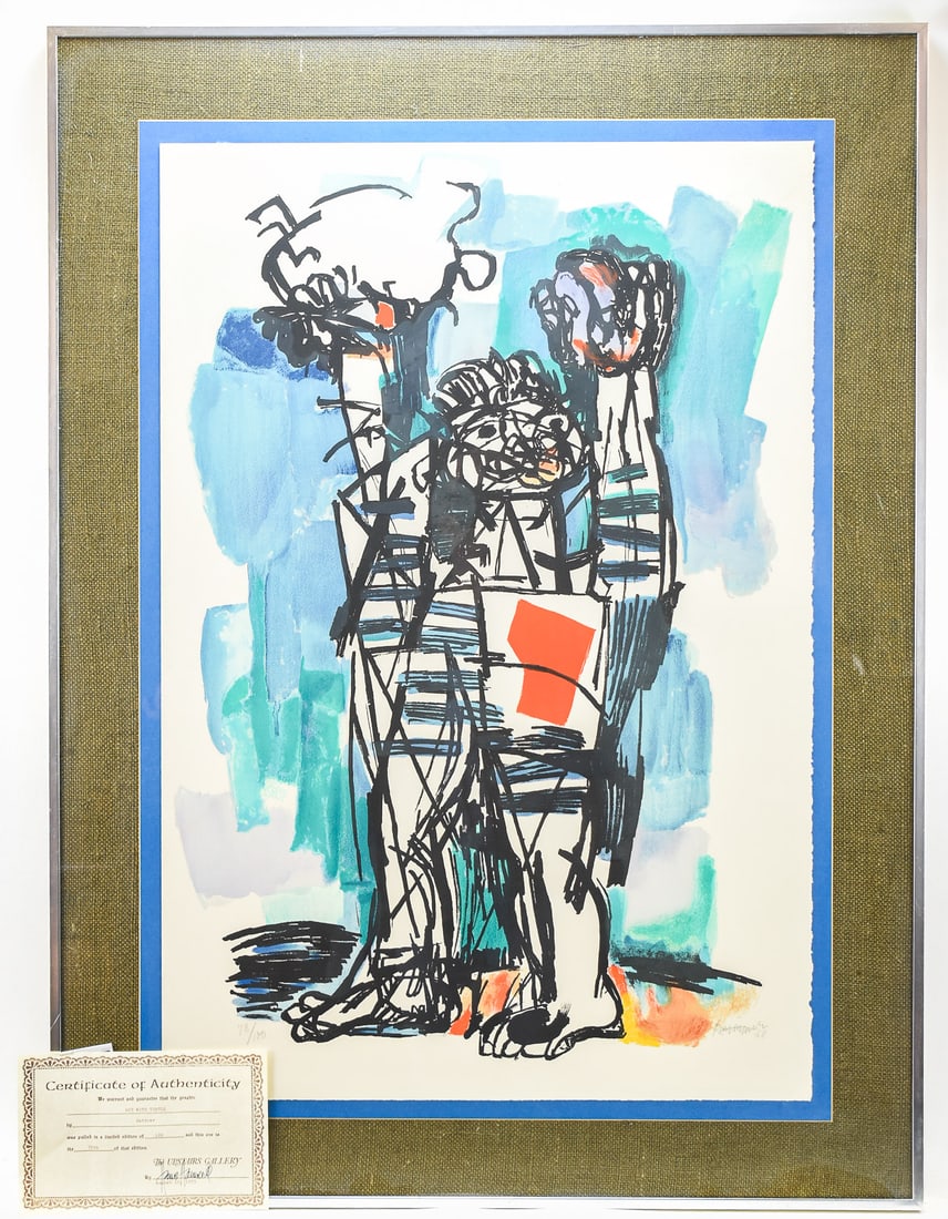 ABRAHAM RATTNER 'BOY WITH TURTLE' SIGNED SERIGRAPH: Limited edition serigraph on paper by listed artist, Abraham Rattner (NY, 1893-1978), signed lower right and dated '68. Numbered 78/100, lower left. Titled "Boy with Turtle" on certificate o