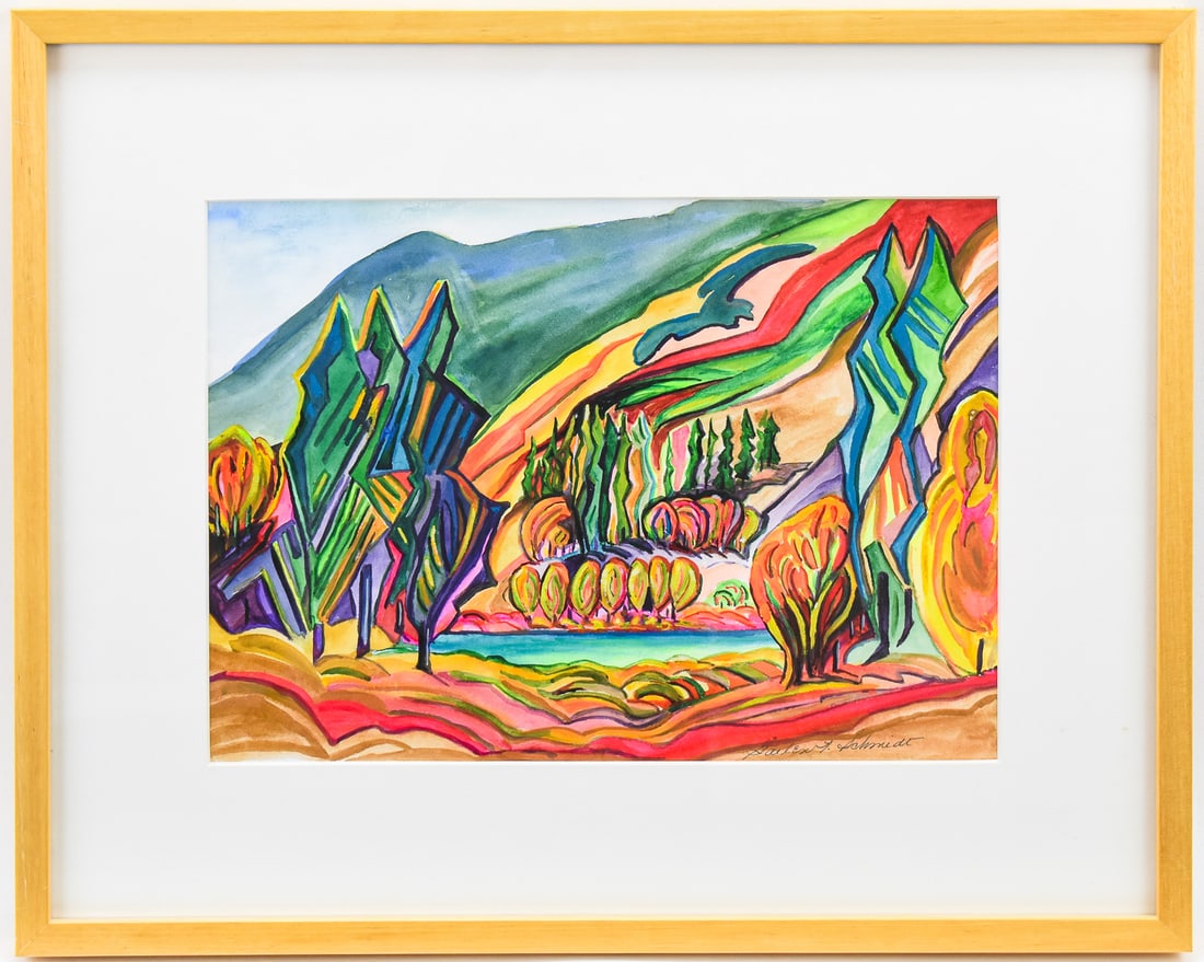 GAILEN SCHMIDT 'ERIC'S WILDERNESS IN ALASKA' WATERCOLOR PAINTING: Original watercolor painting on paper by listed artist, Gailen Schmidt (20th C.), signed lower right and titled on the verso "Eric's Wilderness in Alaska". Art measures 10" H x 14" W presented in a