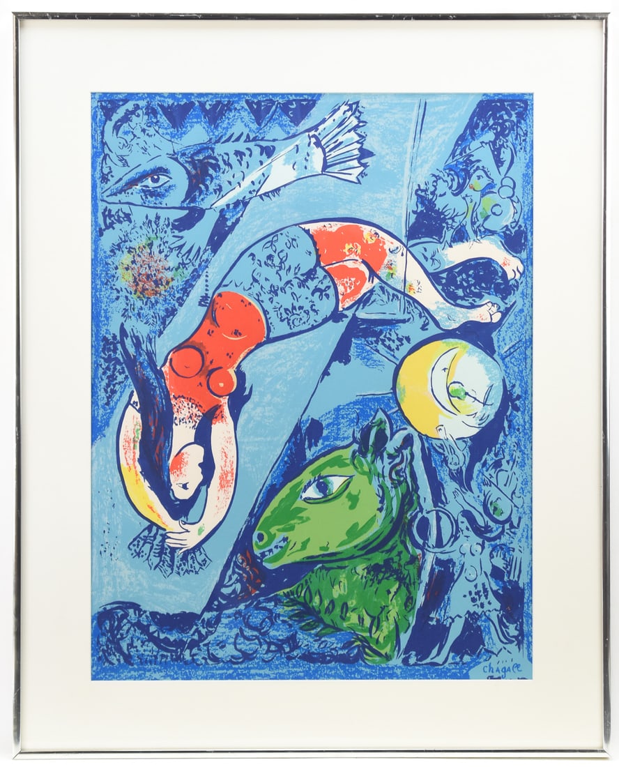 MARC CHAGALL 'THE BLUE CIRCUS' LITHOGRAPH: Lithographic print â€?The Blue Circusâ€? on paper by listed artist, Marc Chagall (NY, FR, RU, 1887 â€“ 1985). Art measures 24â€? H x 17.5â€? W presented in a frame