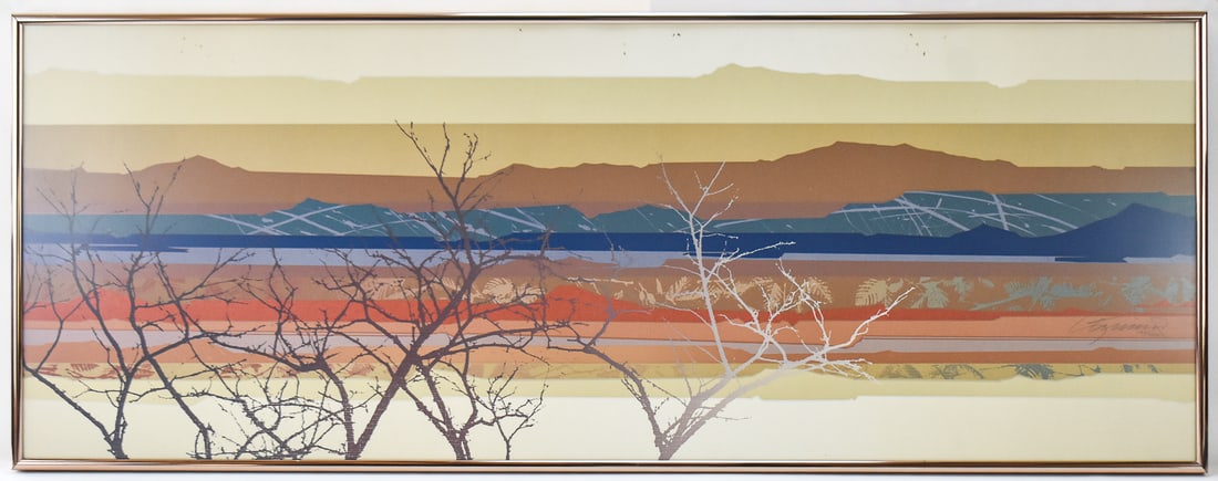 LIMITED EDITION SIGNED LANDSCAPE SERIGRAPH: Limited edition landscape serigraph on paper, illegibly signed lower right and numbered 283/352. Art measures 18.5" H x 49" W presented in a frame measuring 19.5" H x 50" W x 1" D.