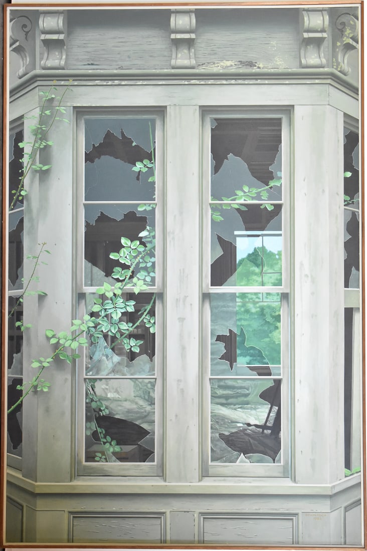 EDWIN KOCH 'BROKEN WINDOW' TROMPE L'OEIL OIL PAINTING: Original oil painting on canvas by listed Oregon artist, Edwin Koch (1937-2018), signed lower right and dated 1982. Titled "Broken Glass" in attached original receipt. The frame and art
