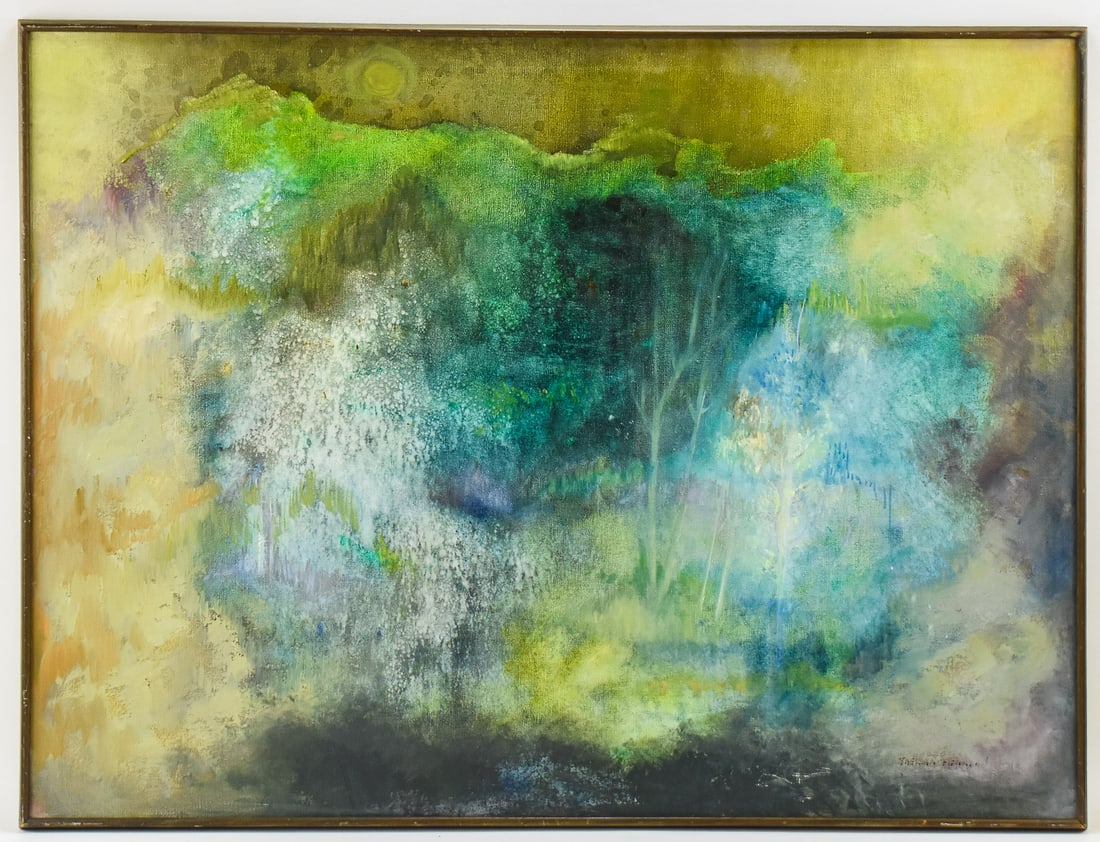 THELMA PEARSON 'MISTY NIGHT' EXHIBITED OIL PAINTING: Original exhibited oil painting on canvas by listed Oregon artist, Thelma Pearson (1910-1992), signed lower right and titled on the exhibition tag on the verso "Misty Night". Art measures 30" H x 40"
